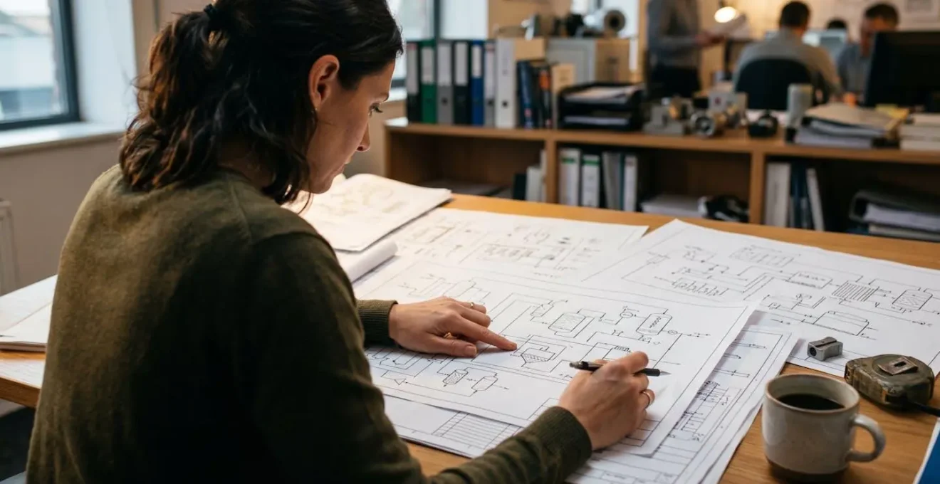 Bureau d'étude avec plans techniques et documents administratifs pour un projet de méthanisation