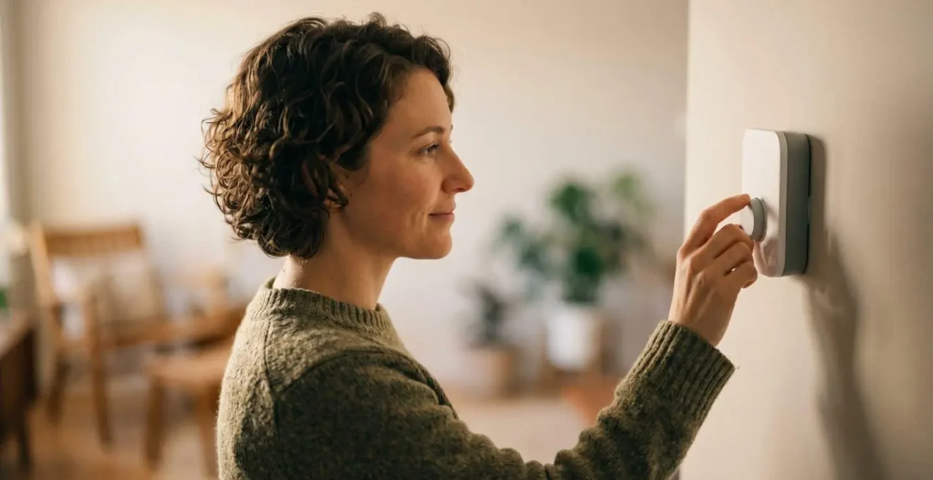 Vue d'ensemble d'un salon montrant l'emplacement stratégique d'un thermostat sur un mur intérieur