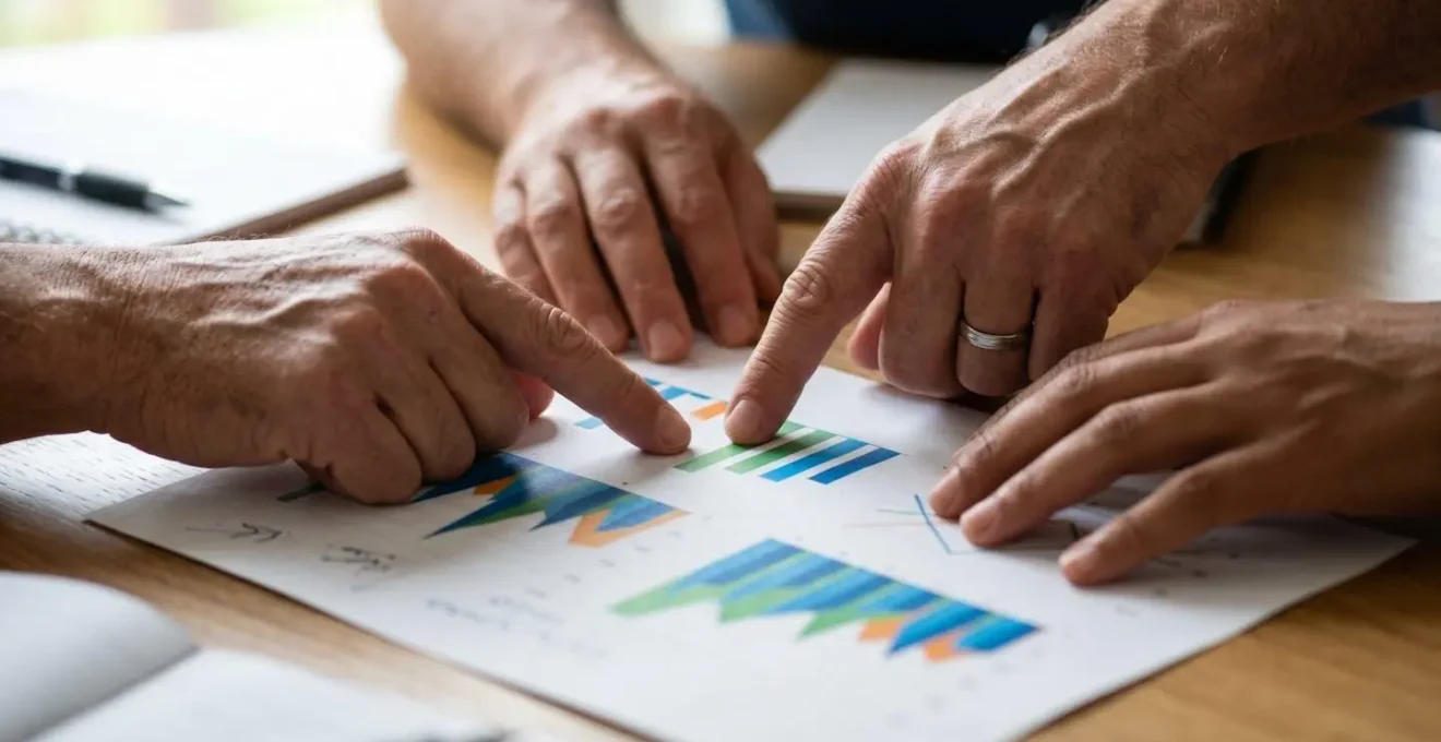 Réunion d'équipe dans un bureau moderne discutant autour de graphiques énergétiques imprimés