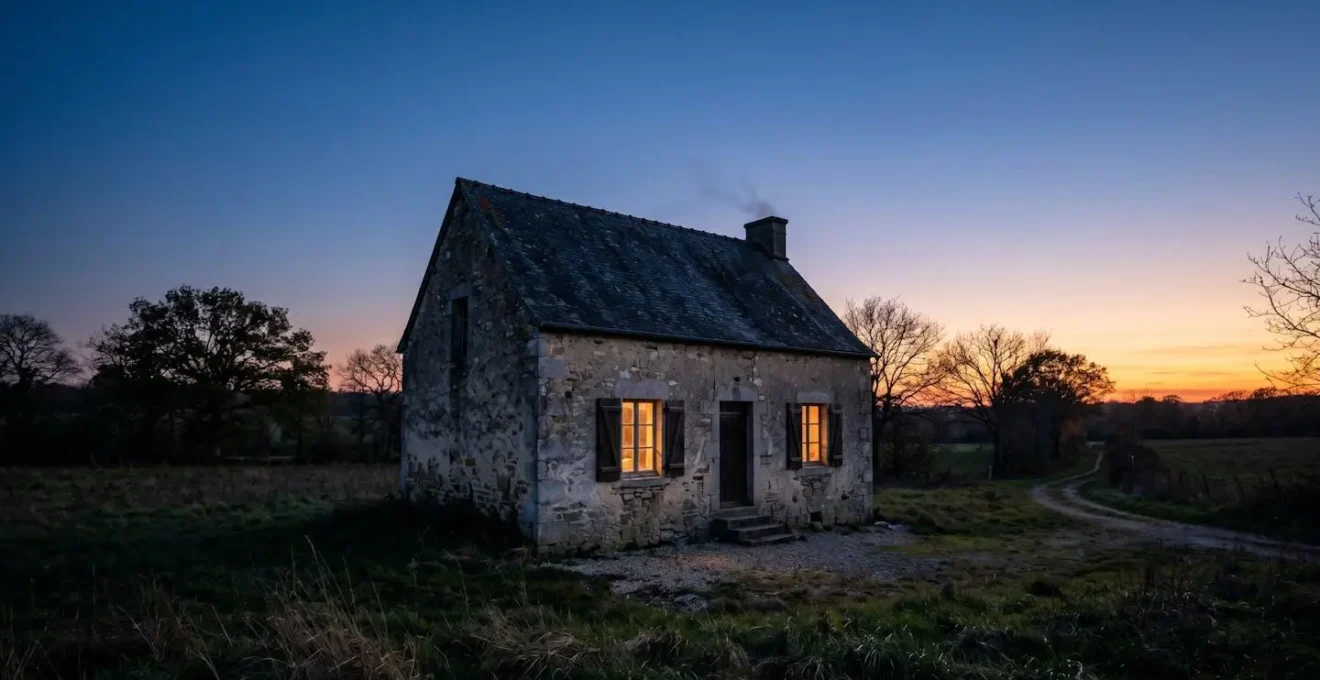 Vue large d'une maison ancienne avec zones de déperdition thermique visibles symboliquement