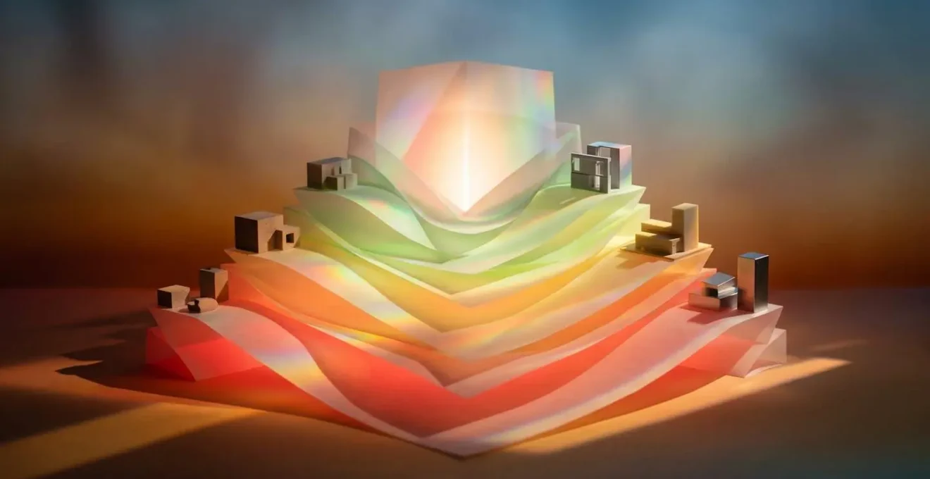 Visualisation abstraite de l'évolution des méthodes de calcul DPE avec courbes et graphiques stylisés