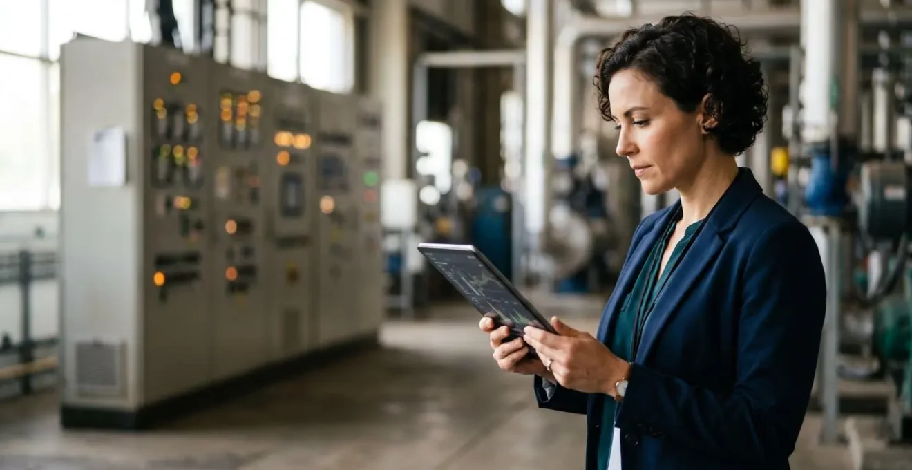 Professionnel analysant des données de consommation énergétique sur tablette dans un environnement industriel moderne