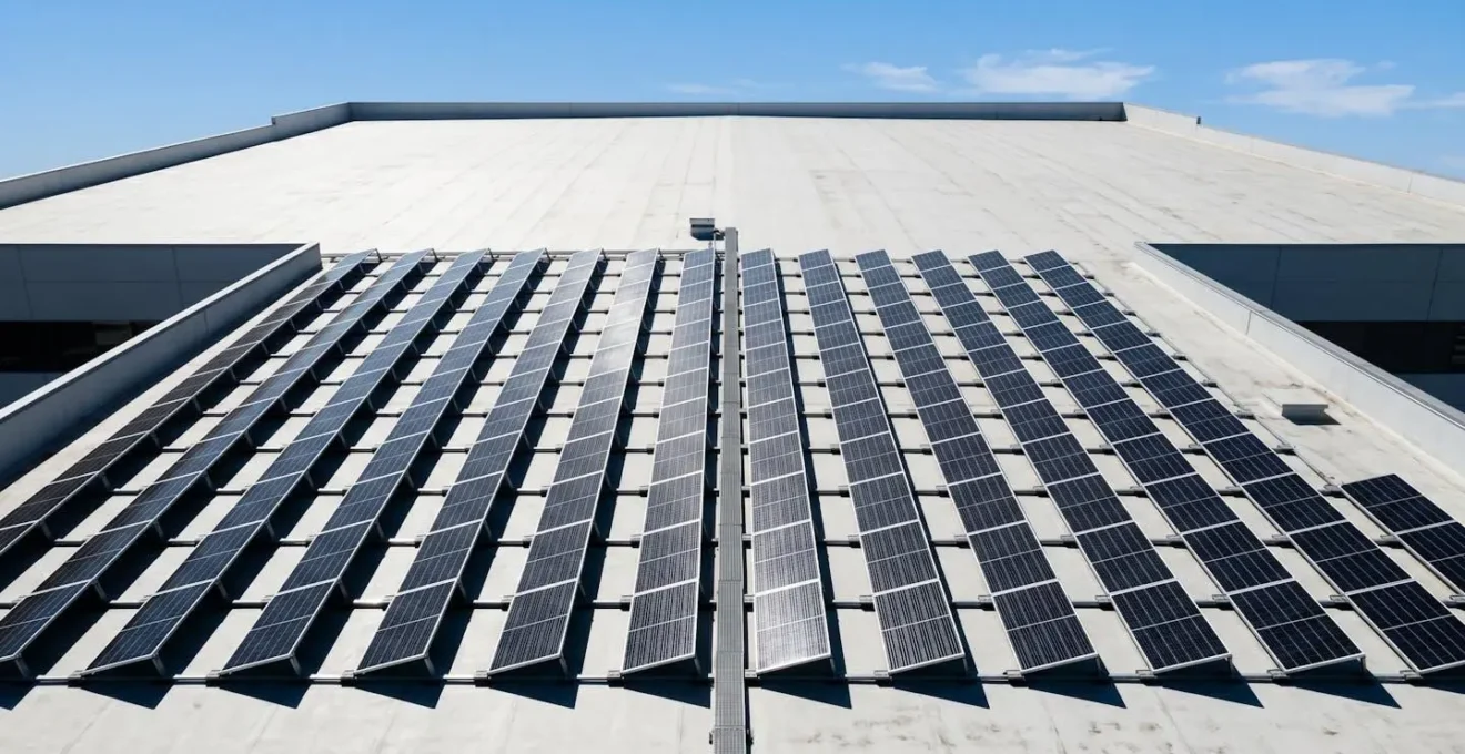Vue aérienne minimaliste d'une installation solaire avec ombres géométriques au soleil de midi