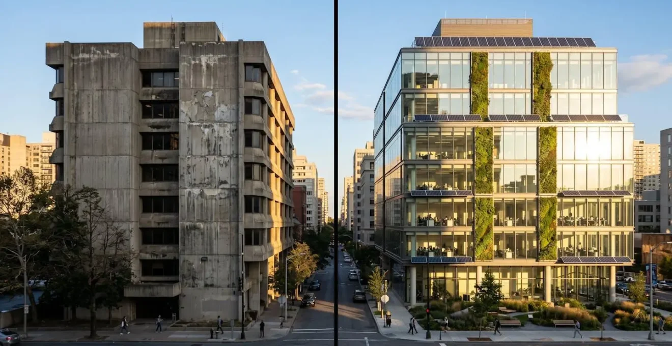 Comparaison visuelle entre un immeuble de bureaux moderne performant et un bâtiment ancien énergivore