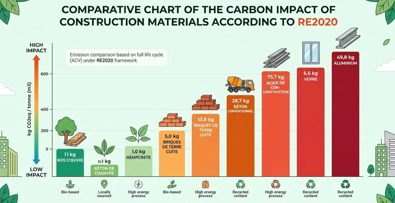 Graphique comparatif de l'impact carbone des matériaux de construction selon la RE2020