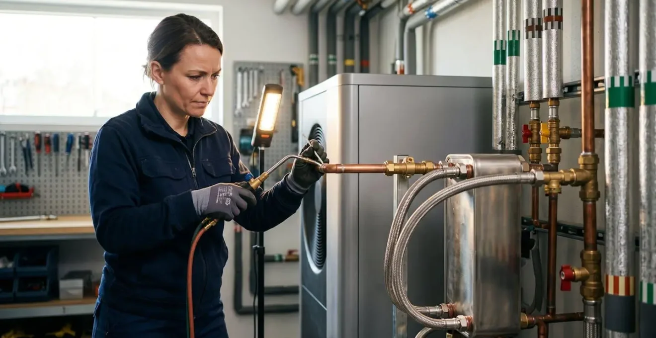 Technicien installant une pompe à chaleur hybride dans une chaufferie moderne