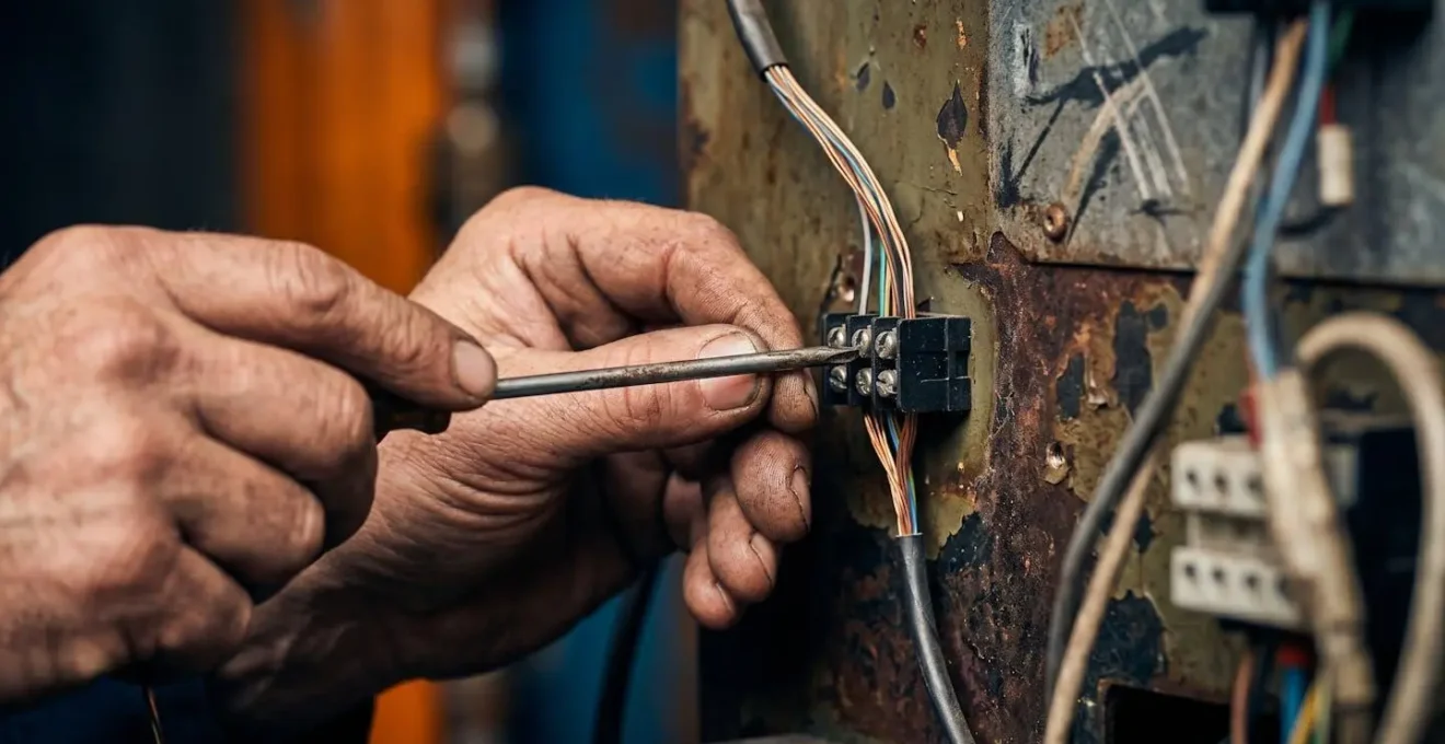 Technicien installant un récepteur radio sur une chaudière murale dans une cave