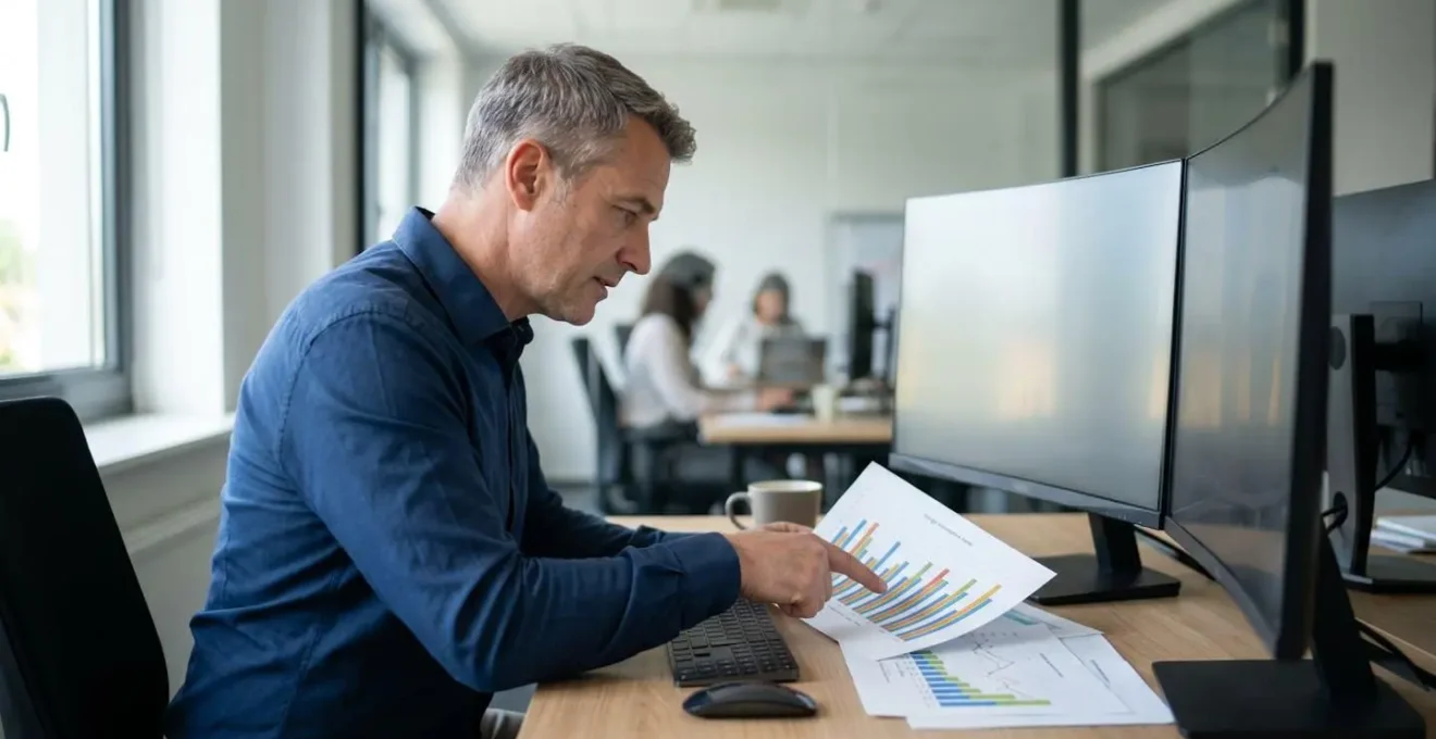 Espace de travail moderne avec plusieurs écrans montrant des tableaux de bord énergétiques, sans interface visible