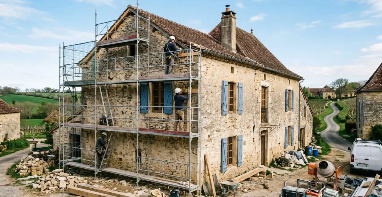 Vue latérale d'une maison en pierre traditionnelle française avec échafaudages suggérant des travaux