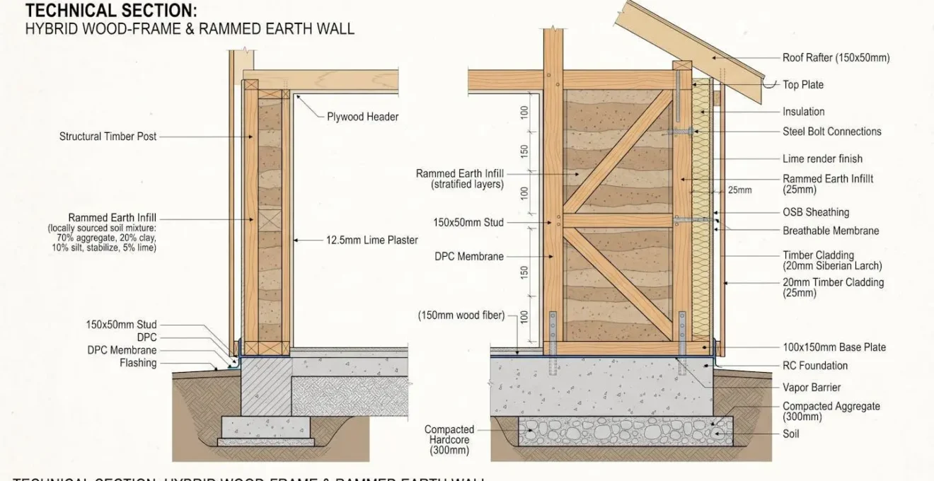 Coupe technique d'un mur hybride associant ossature bois et remplissage terre crue