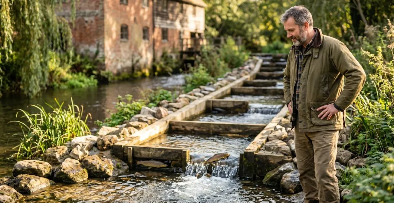 Aménagement d'une passe à poissons naturelle, avec des bassins successifs en pierre, intégrée à un moulin restauré au bord d'une rivière.