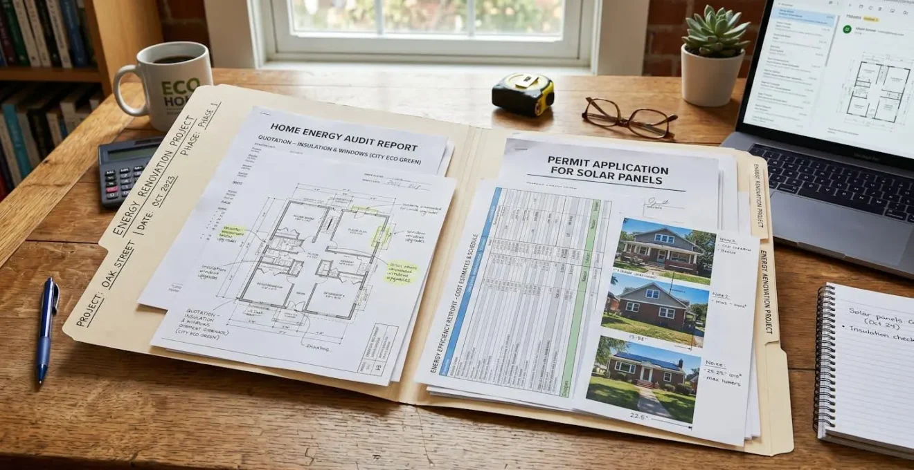 Dossier ouvert montrant des documents de rénovation énergétique organisés sur un bureau