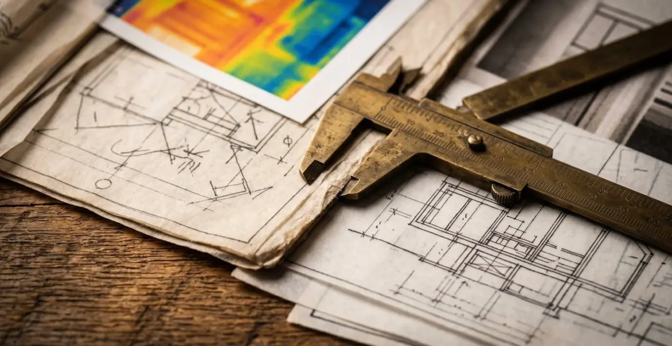 Bureau organisé avec documents techniques et plans architecturaux étalés pour préparation d'un diagnostic énergétique