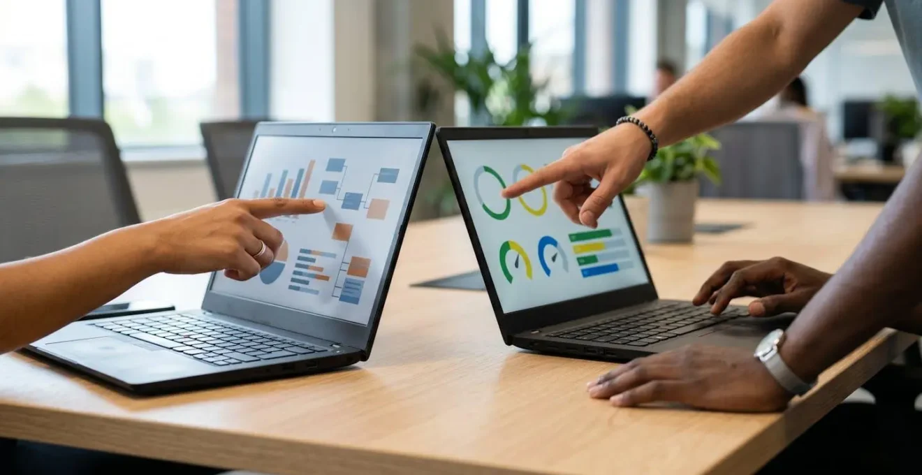 Mains d'équipe collaborant autour de documents et ordinateurs portables montrant des graphiques