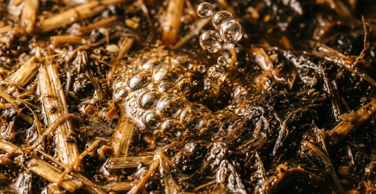 Vue macro détaillée de matière organique en fermentation avec bulles de méthane visibles