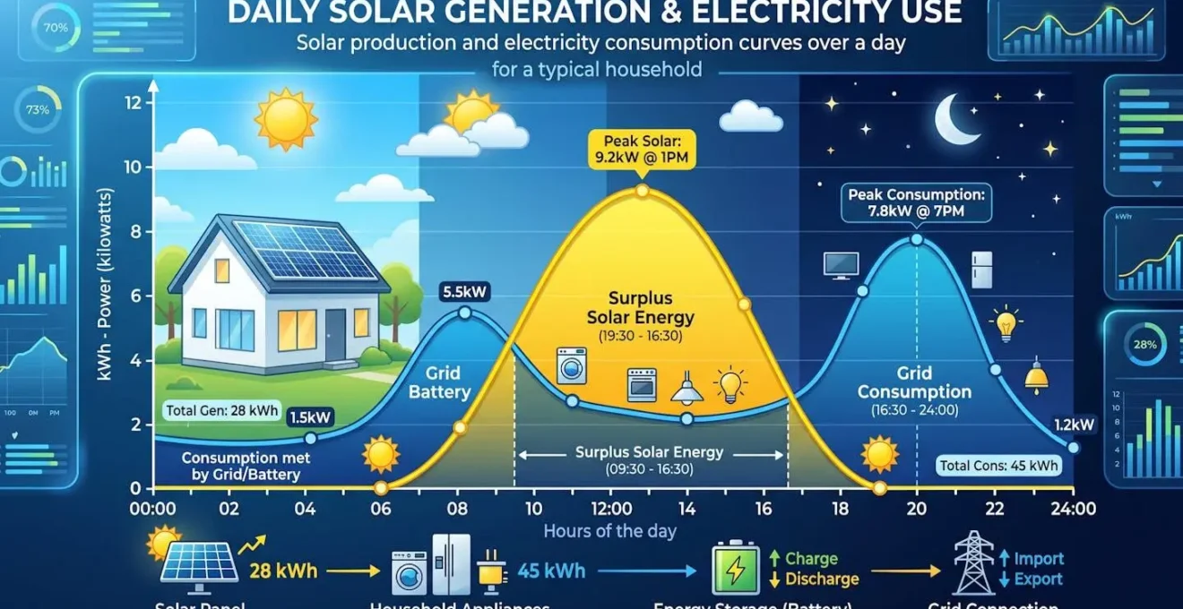 Courbes de production solaire et consommation électrique sur une journée