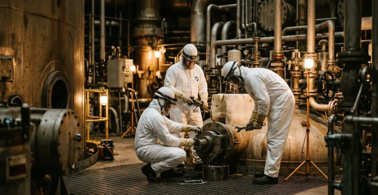 Techniciens en combinaison travaillant sur les composants internes d'un réacteur nucléaire pendant le grand carénage