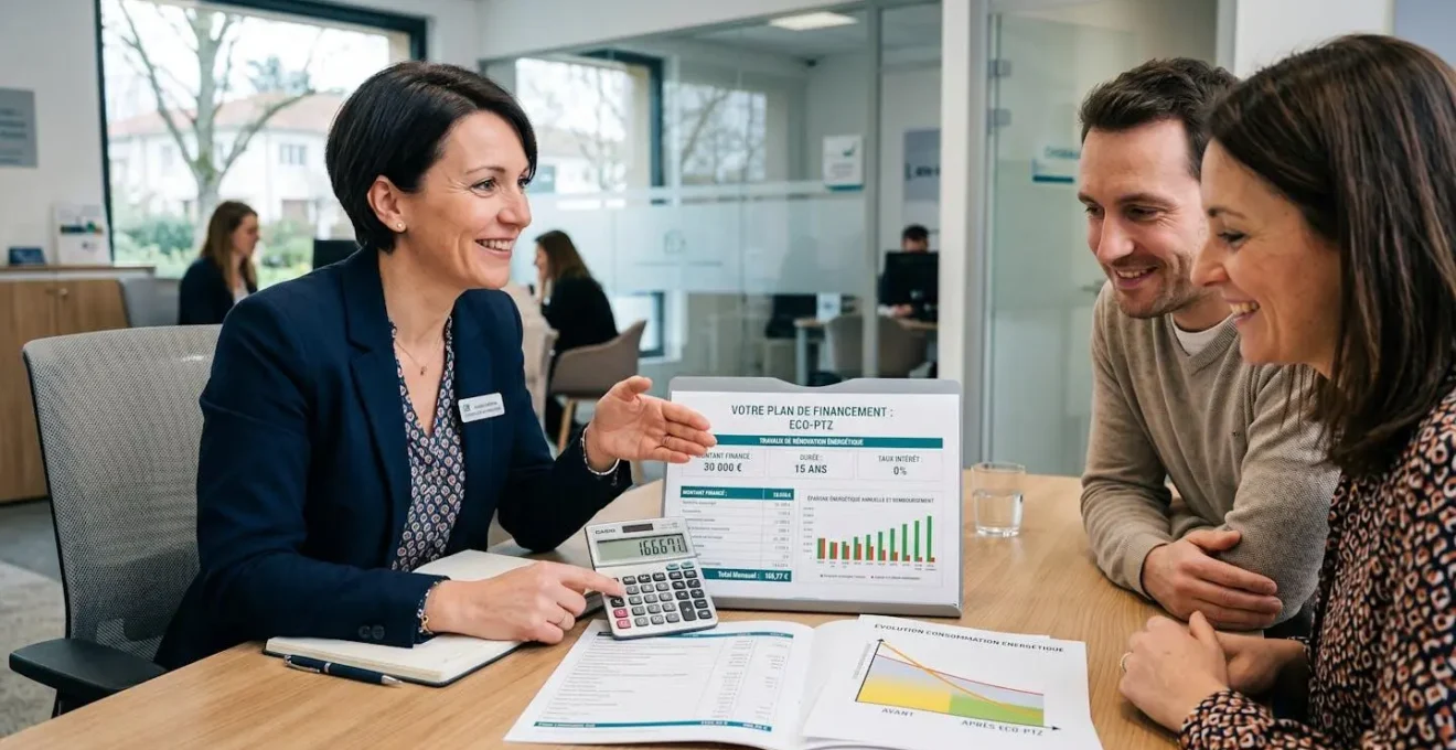 Conseiller bancaire présentant un plan de financement éco-PTZ sur documents avec calculatrice et graphiques