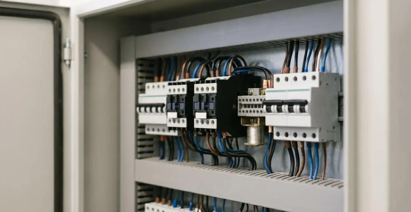 Vue d'un tableau électrique avec contacteur jour/nuit et disjoncteurs