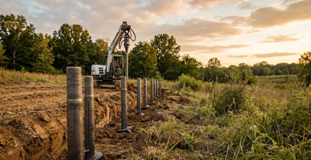 Installation de technopieux vissés en acier dans un sol argileux, montrant l'alternative aux fondations béton traditionnelles