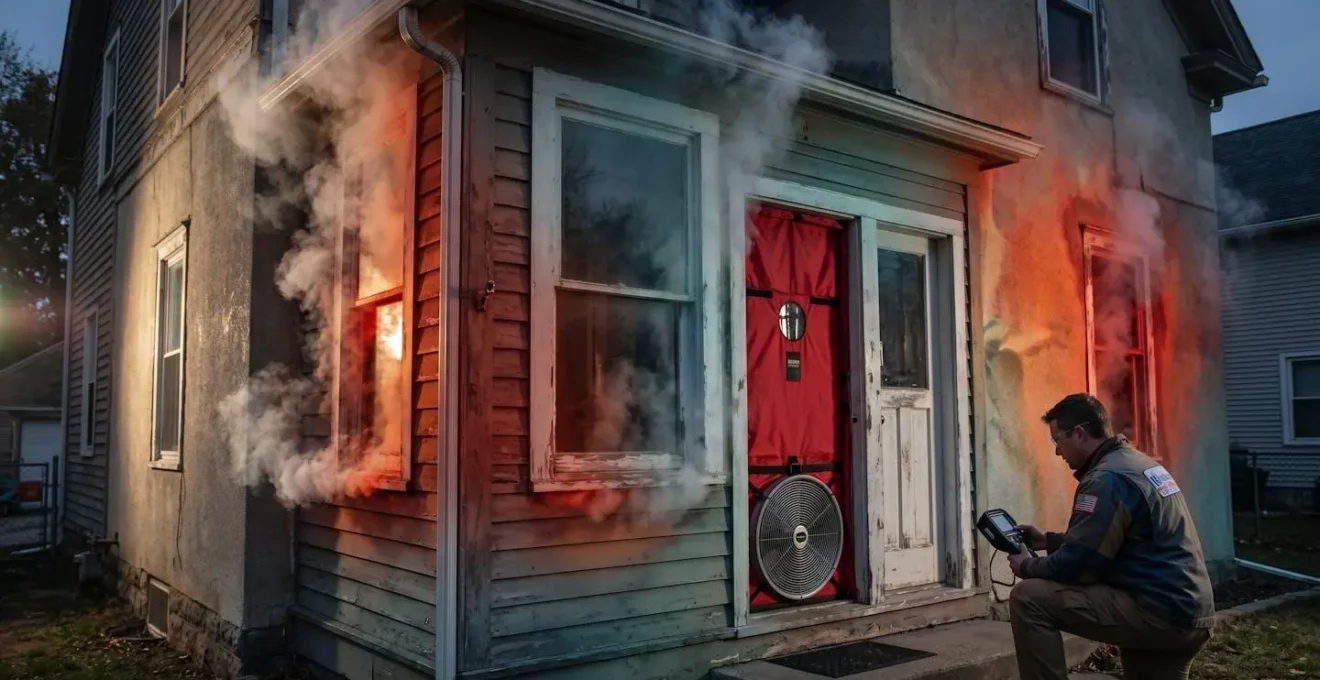 Test d'étanchéité à l'air avec visualisation thermographique des fuites sur une façade de maison