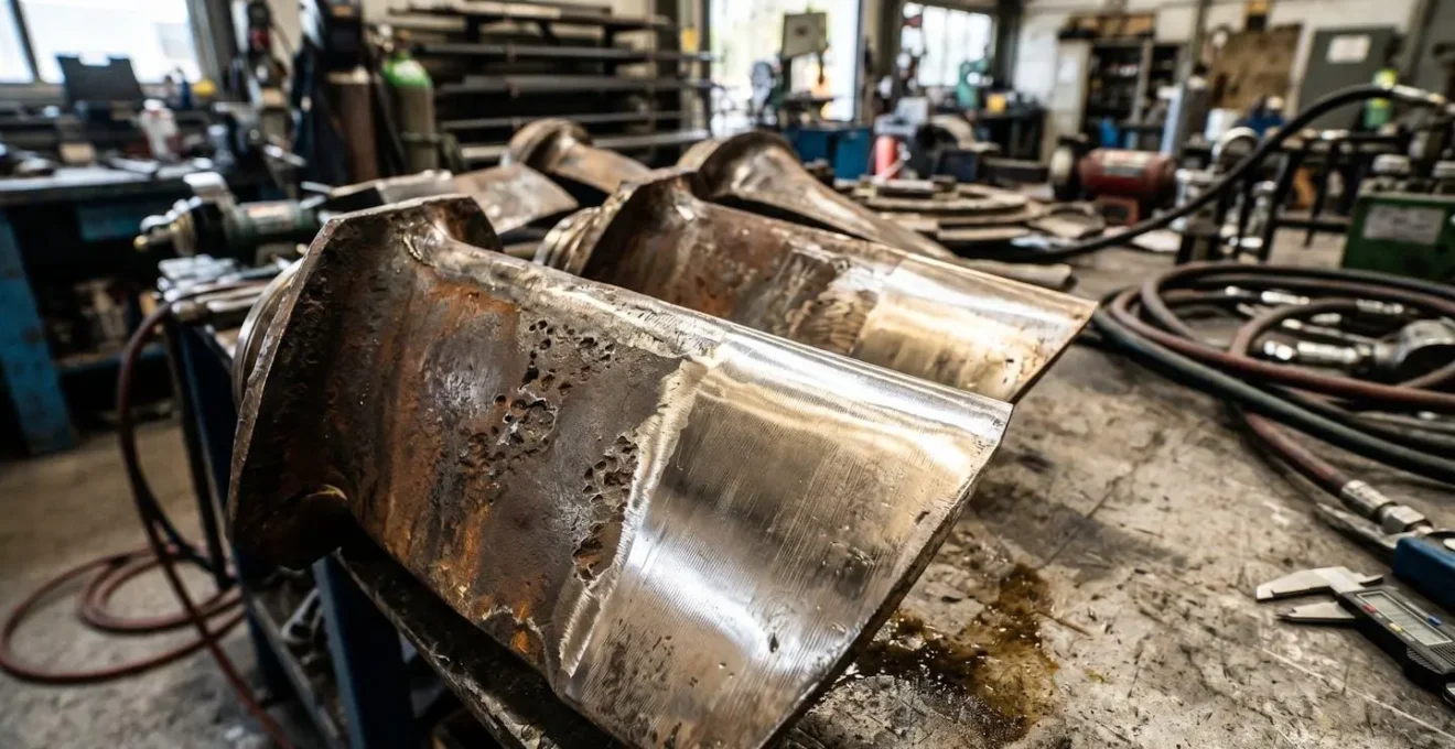 Turbine Kaplan démontée en cours de restauration dans un atelier spécialisé, montrant le contraste entre les surfaces rouillées et les parties usinées.