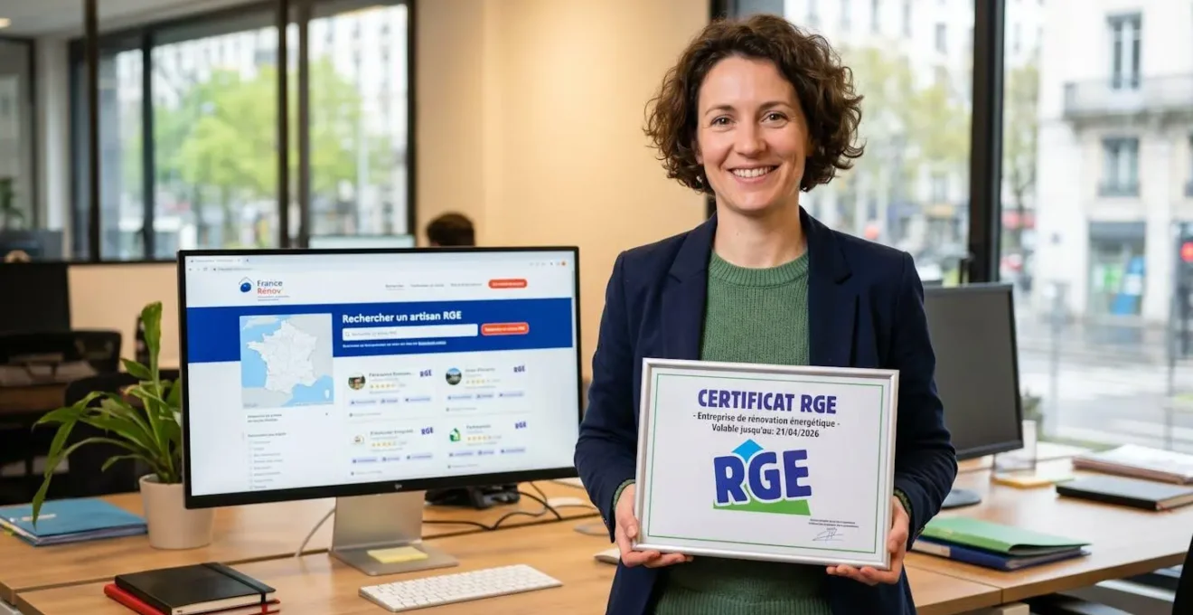 Main consultant un certificat RGE avec ordinateur affichant l'annuaire France Rénov' en arrière-plan